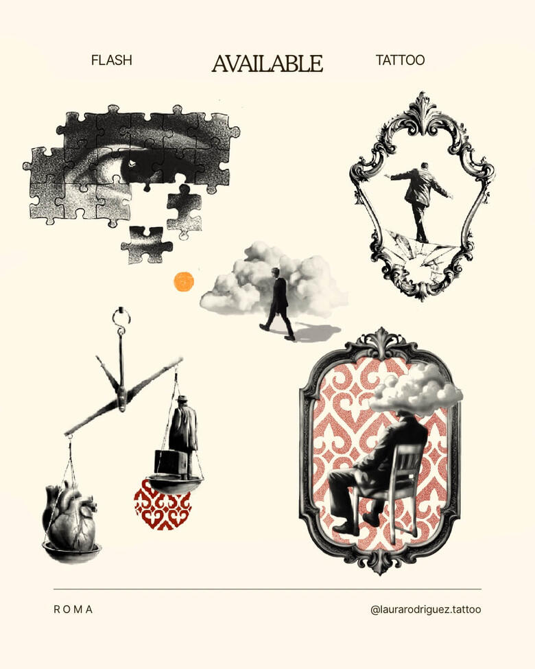 Tavola di flash tattoo surrealisti disponibili, con occhio puzzle, figure umane, bilancia simbolica, cornici vintage e composizioni poetiche in stile fine line, realizzati da Laura Rodriguez Tattoo a Roma