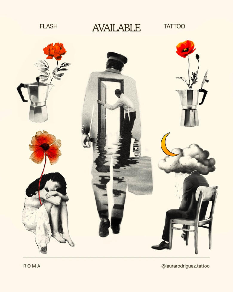Tavola di flash tattoo surrealisti disponibili, con moka e fiori rossi, figure umane simboliche, porte sospese, nuvole e pioggia, composizioni poetiche in stile fine line e collage vintage, realizzati da Laura Rodriguez Tattoo a Roma