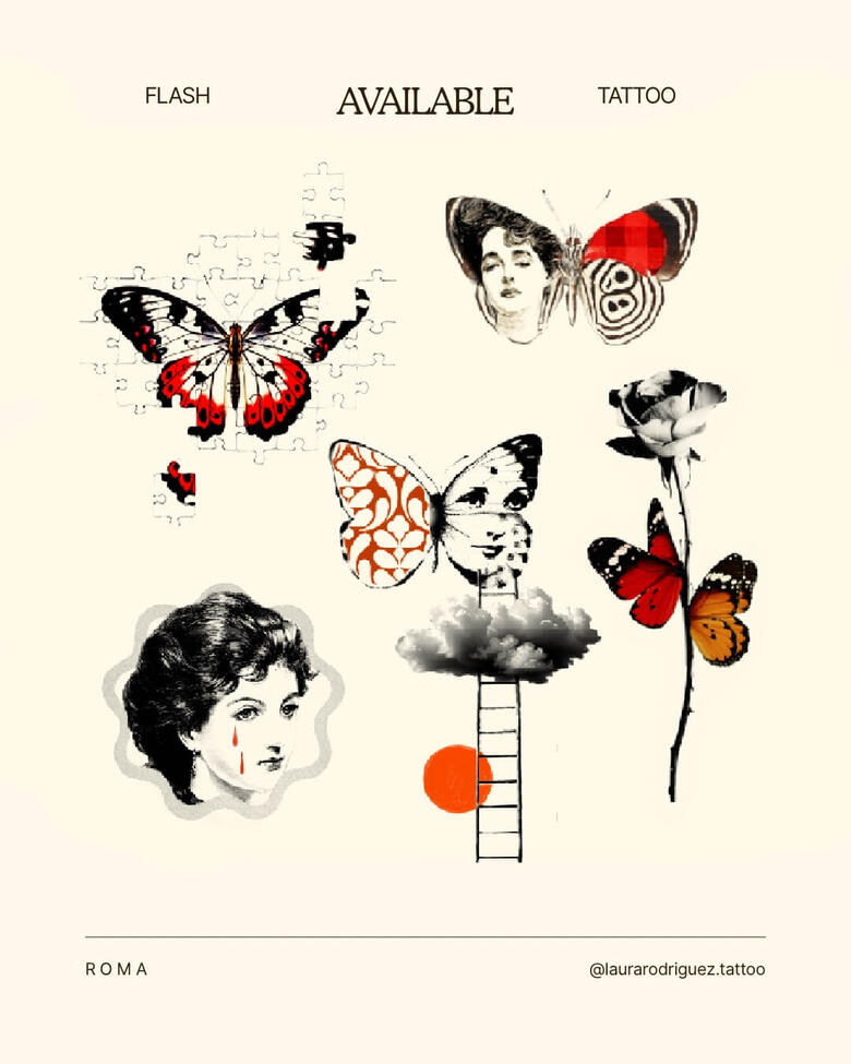 Tavola di flash tattoo disponibili in stile surrealista e fine line, con farfalle, volti femminili, puzzle, rose e composizioni poetiche vintage, realizzati da Laura Rodriguez Tattoo a Roma
