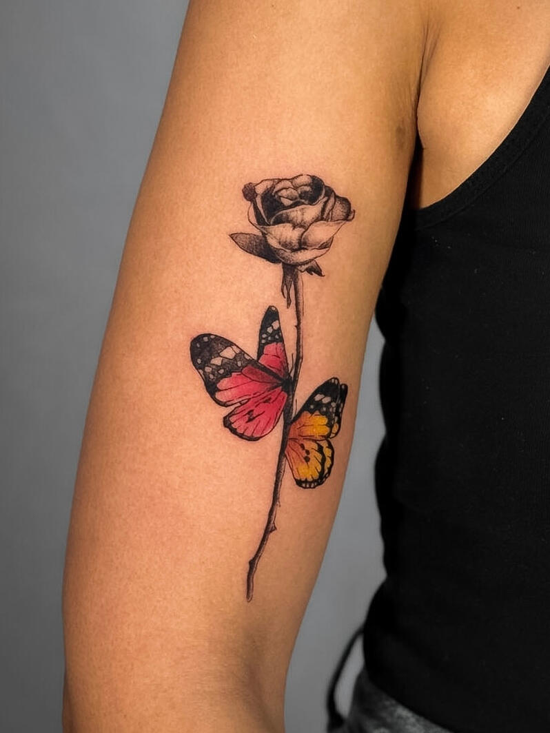 Tatuaggio fine line con rosa in bianco e nero che si trasforma in ali di farfalla nei toni rosso, arancio e giallo sul braccio superiore